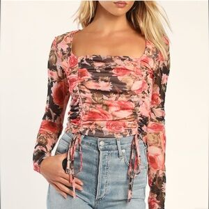 Lulu’s Blossoming Feeling black and pink floral ruched top
